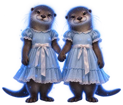 Two otter twins in matching blue dresses stand holding hands, smiling.