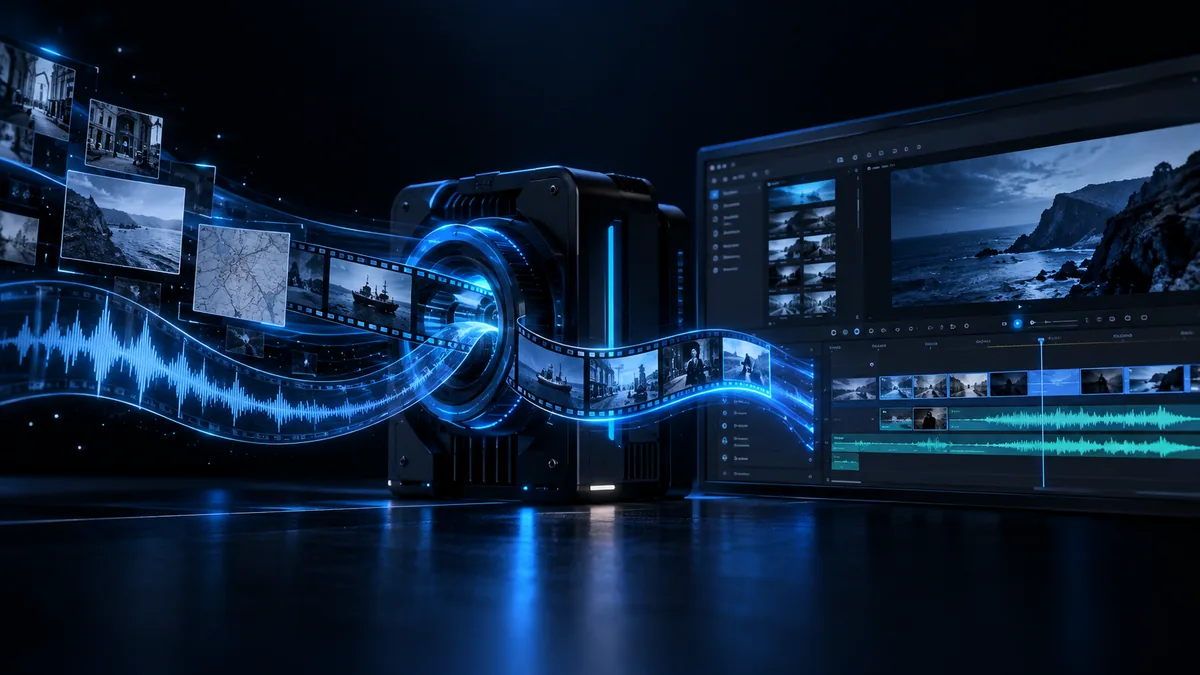 Photos, film strips and a sound wave flow through a machine and come out as a finished video edit on screen.
